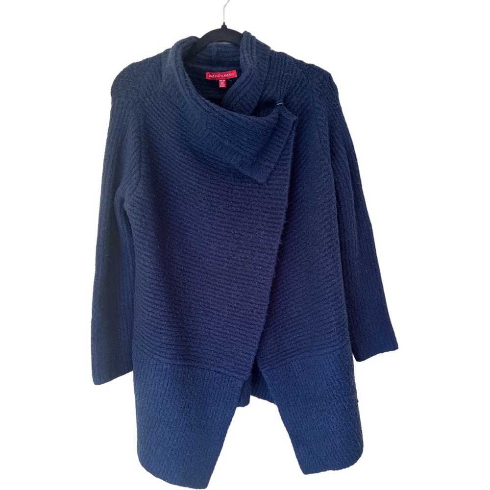 Saks Fifth Avenue Poncho Wrap Navy Blue Fuzzy Sweater Small Medium